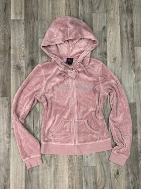 Bebe pink vintage y2k rhinestone velour hooded zip up